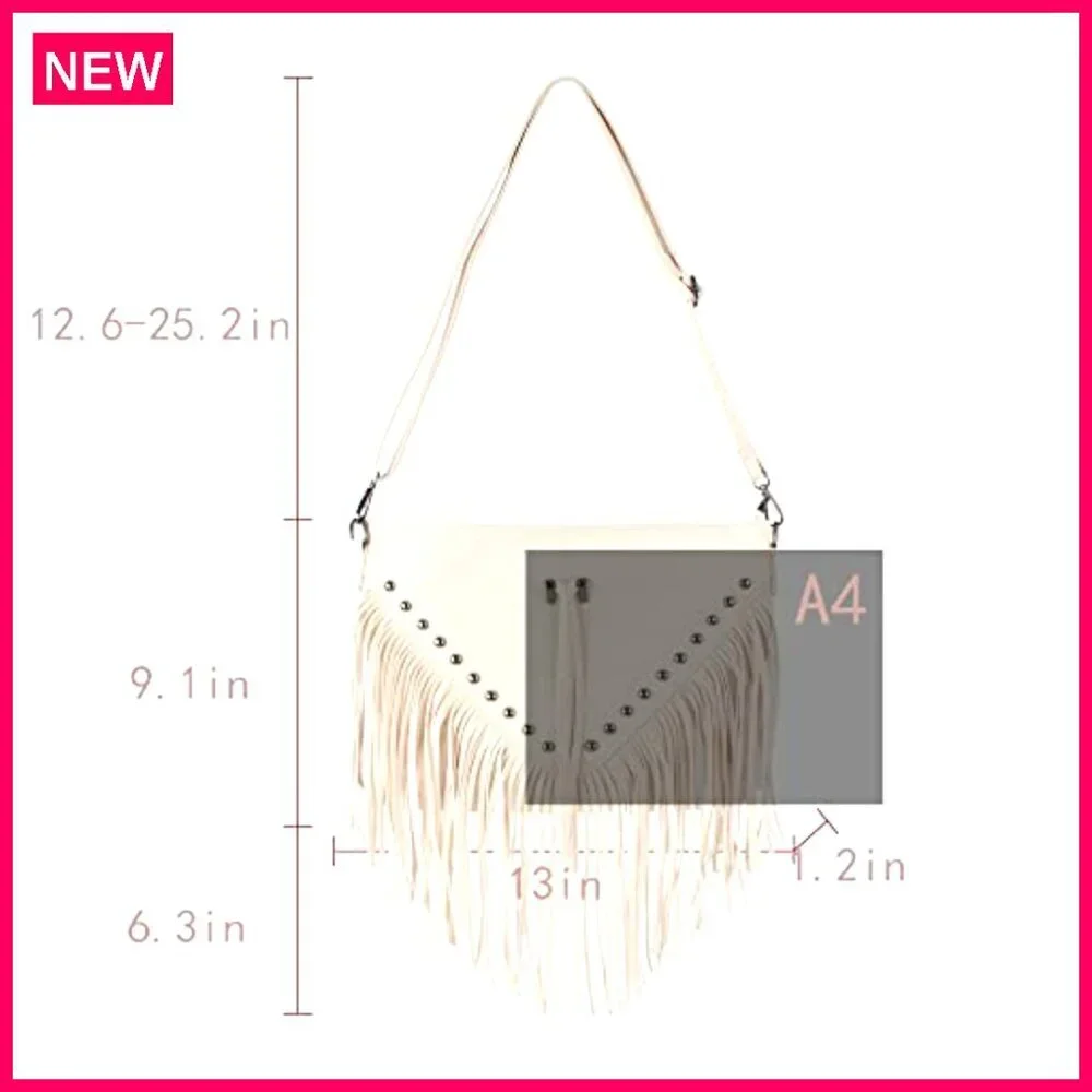 Large Leather Fringe Messenger Hobo Crossbody Bag with Tassel - Picture 4 of 8